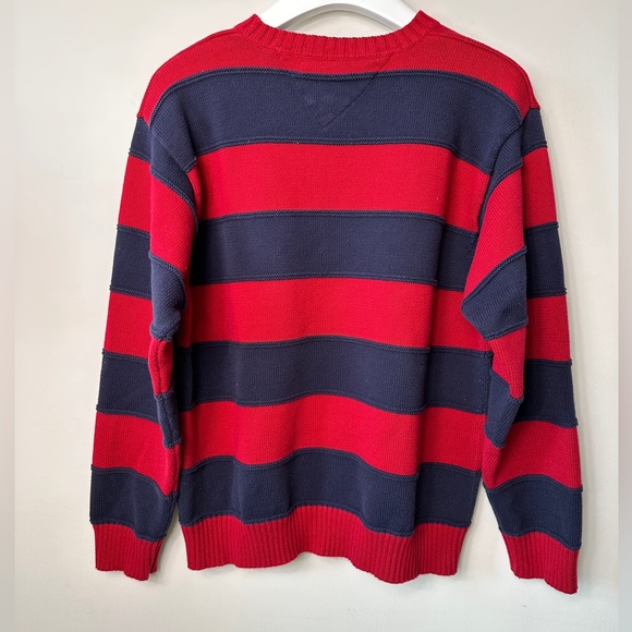 Vintage Tommy Hilfiger Rugby Style Red & Navy Striped Crewneck Sweater Size L - Picture 3 of 5